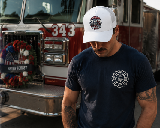 Lifestyle mockup - 343 Firefighter Tribute Hat by fire engine