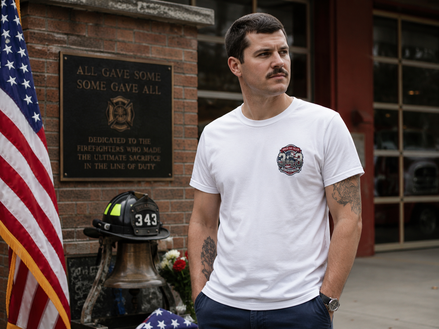 Lifestyle mockup - Honor The Fallen 343 Tee at fire station