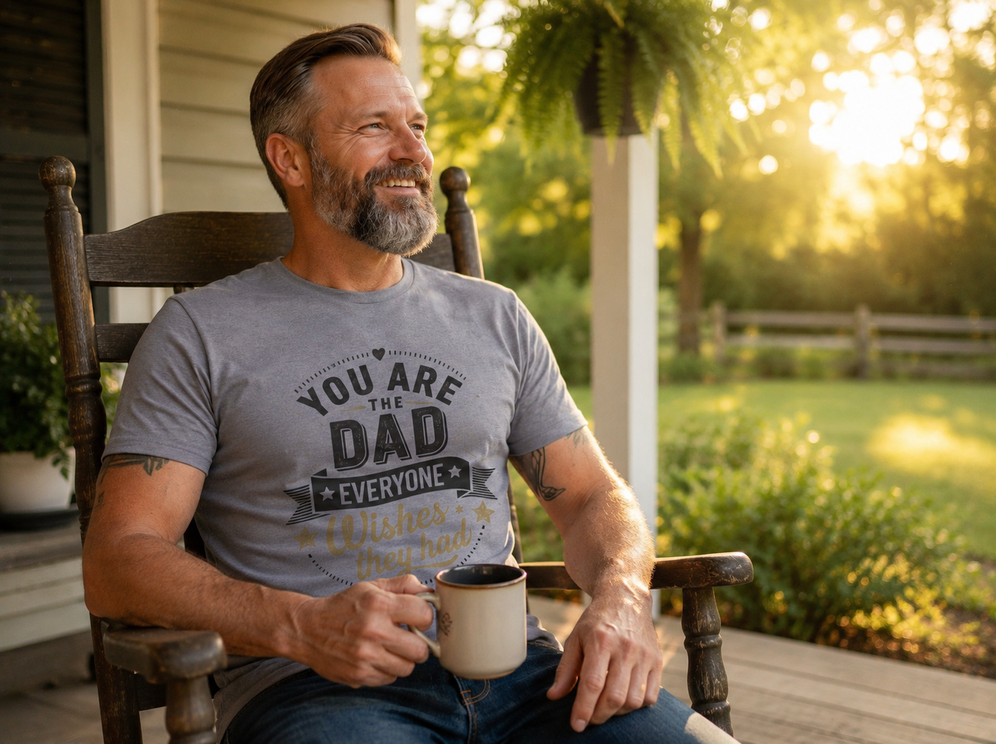 Dad wearing The Dad Everyone Wishes For Vintage Premium T-Shirt on porch with coffee mug lifestyle image