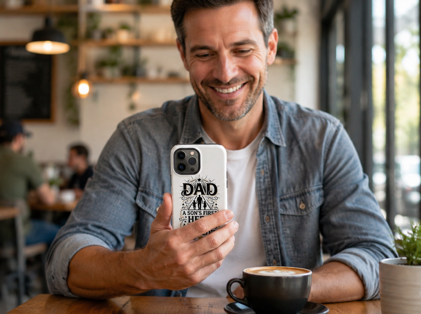 Dad holding phone with A Son's Hero A Daughter's First Love custom phone case at cafe lifestyle image