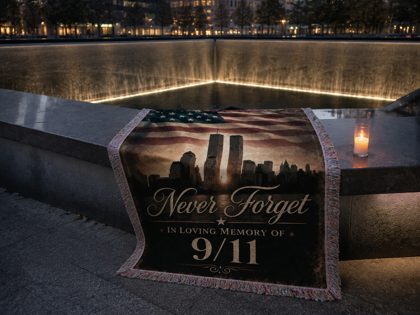 In Loving Memory of 9/11 memorial blanket at the 9/11 memorial reflecting pool
