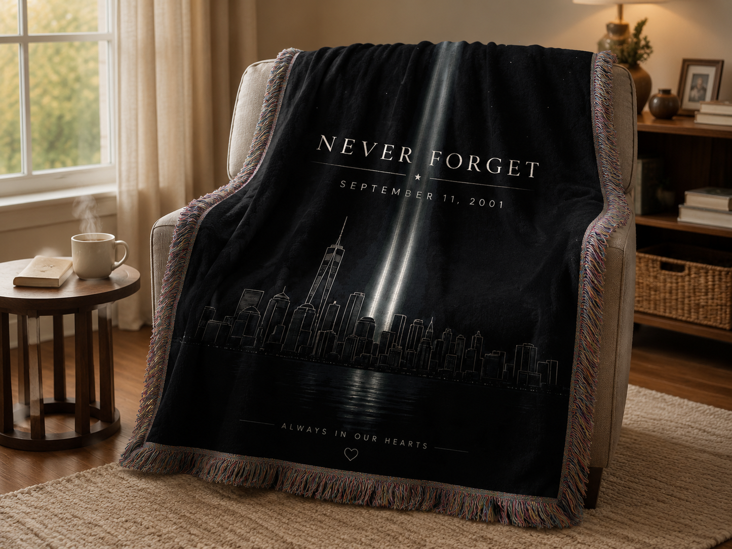 9/11 Never Forget memorial blanket draped over a cozy armchair