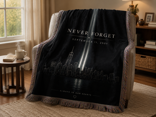 9/11 Never Forget memorial blanket draped over a cozy armchair