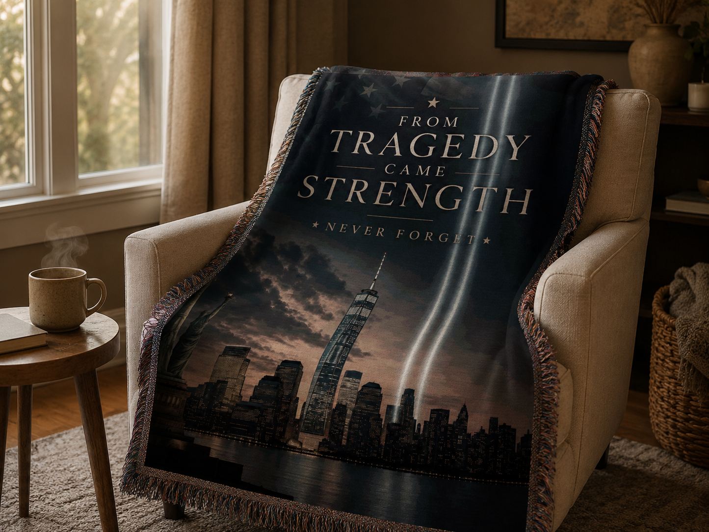 From Tragedy Came Strength 9/11 memorial blanket draped over a cozy armchair
