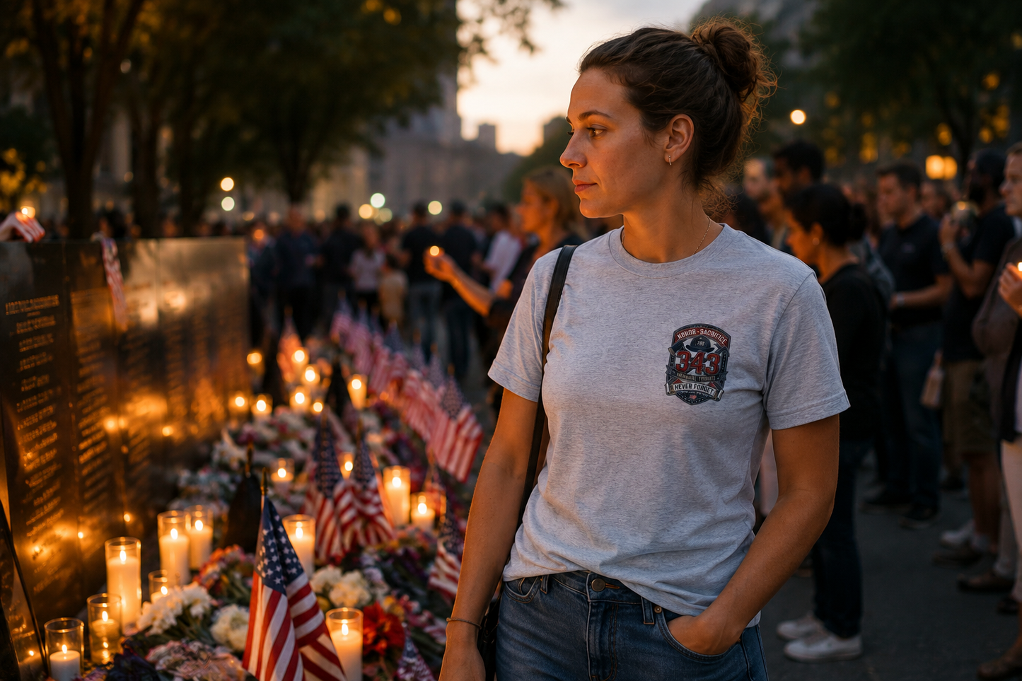 Lifestyle mockup - Honor and Sacrifice 343 Tee at candlelight vigil