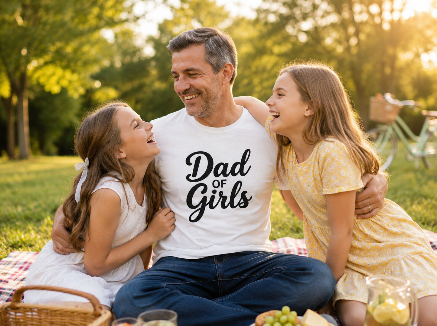 Dad wearing Dad of Girls Script T-Shirt surrounded by laughing daughters at park picnic lifestyle image