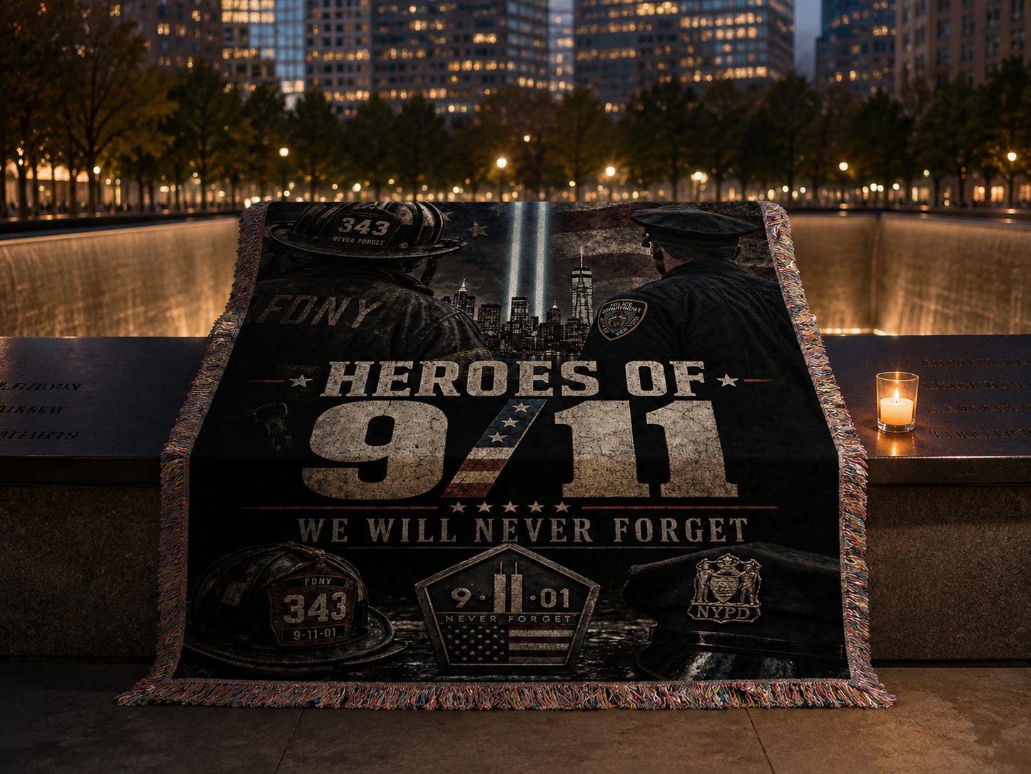 9/11 Heroes memorial blanket at the 9/11 memorial reflecting pool