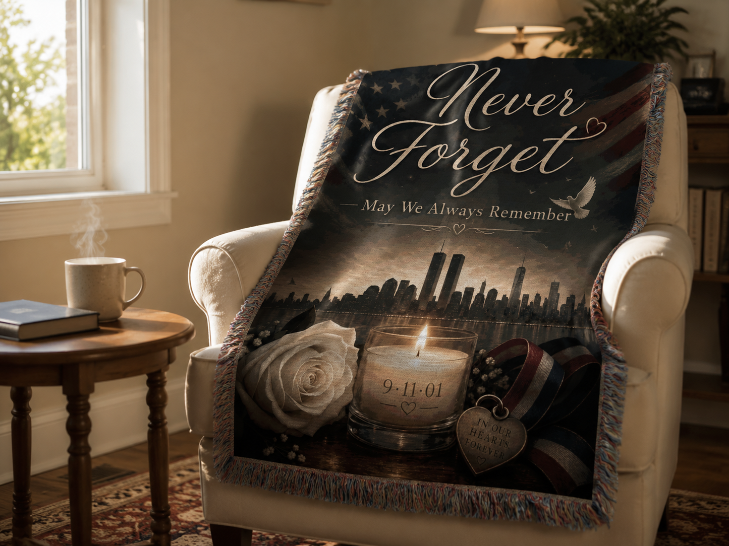 Never Forget 9/11 memorial blanket with dove and rose draped over a cozy armchair