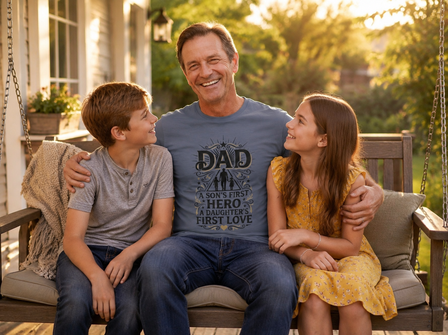 Dad wearing The Fatherhood Legacy T-Shirt sitting on porch swing with his children lifestyle image