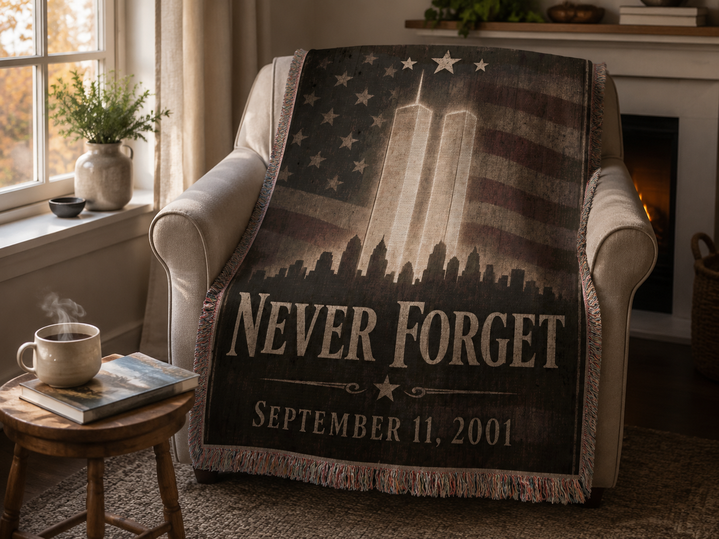 Never Forget 9/11 rustic wood memorial blanket draped over a cozy armchair