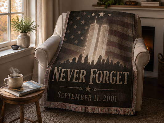 Never Forget 9/11 rustic wood memorial blanket draped over a cozy armchair
