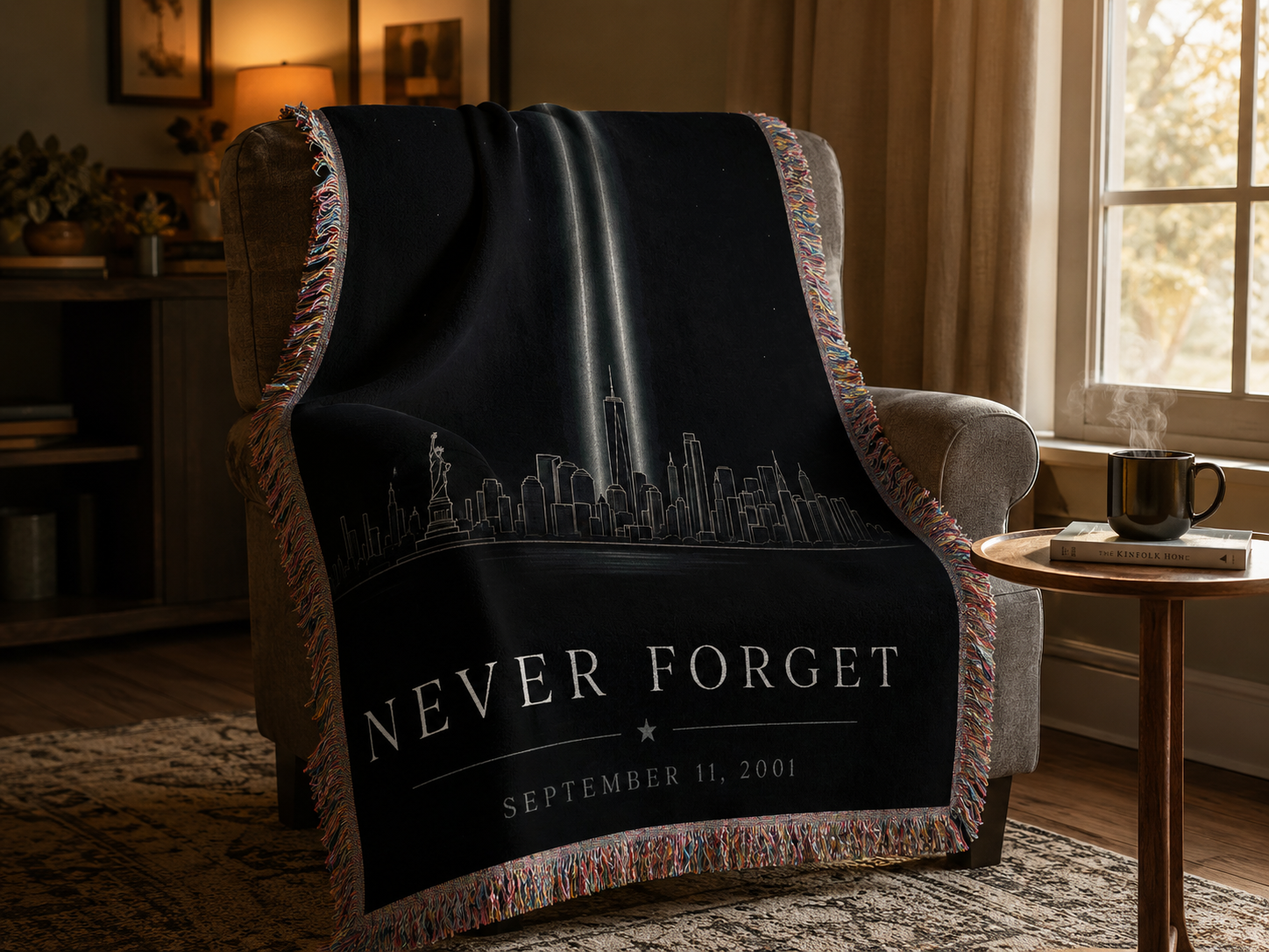 Never Forget 9/11 memorial blanket draped over a cozy armchair