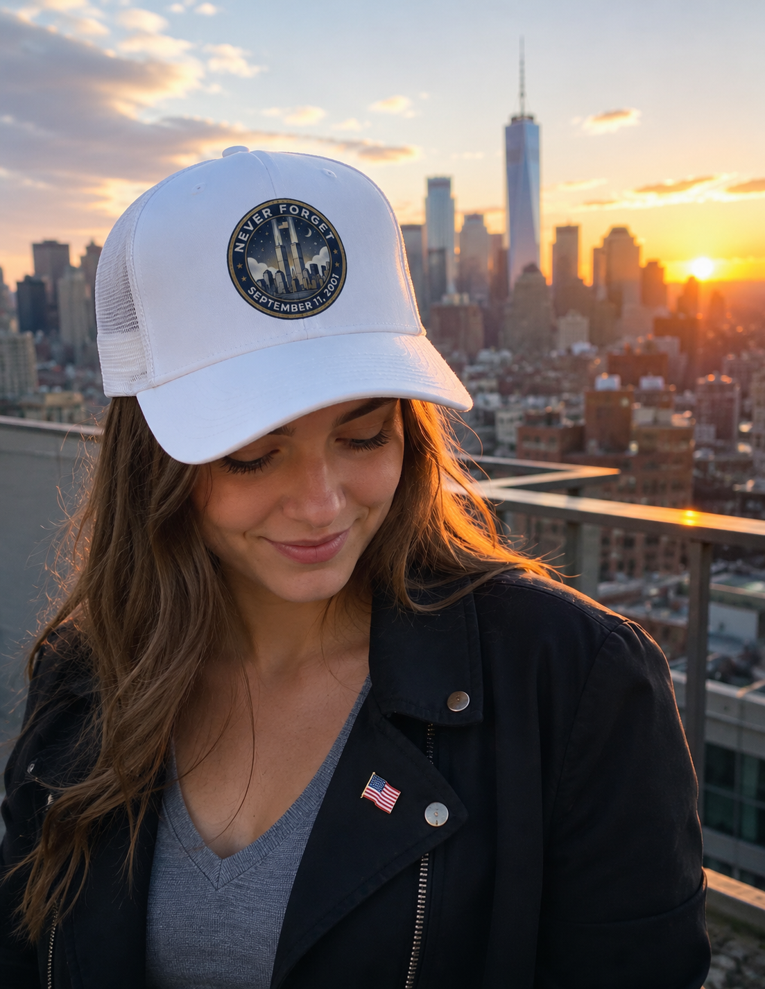 Lifestyle mockup - Never Forget NYC Tribute Hat on rooftop