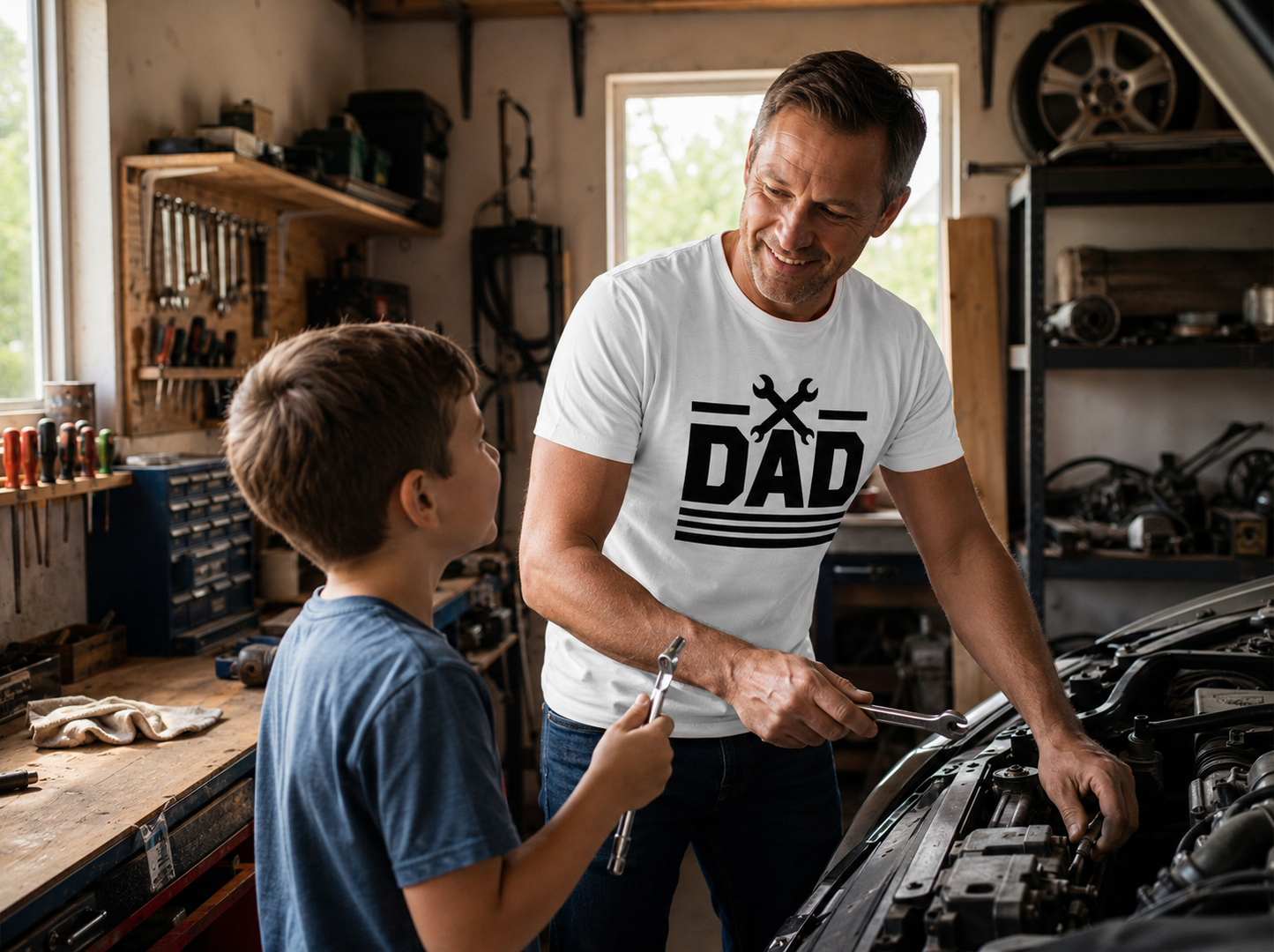 Dad wearing The Handy Dad T-Shirt fixing things in garage with son watching lifestyle image
