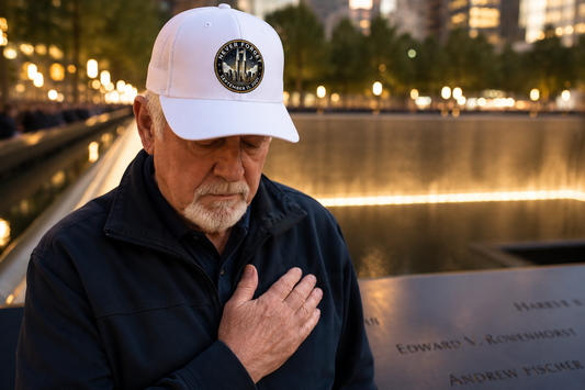 Lifestyle mockup - Never Forget NYC Tribute Hat at reflecting pool