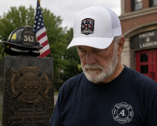 Lifestyle mockup - Honor and Sacrifice 343 Hat at fire station