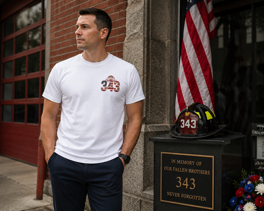 Lifestyle mockup - The 343 Legacy Firefighter Tee at fire station