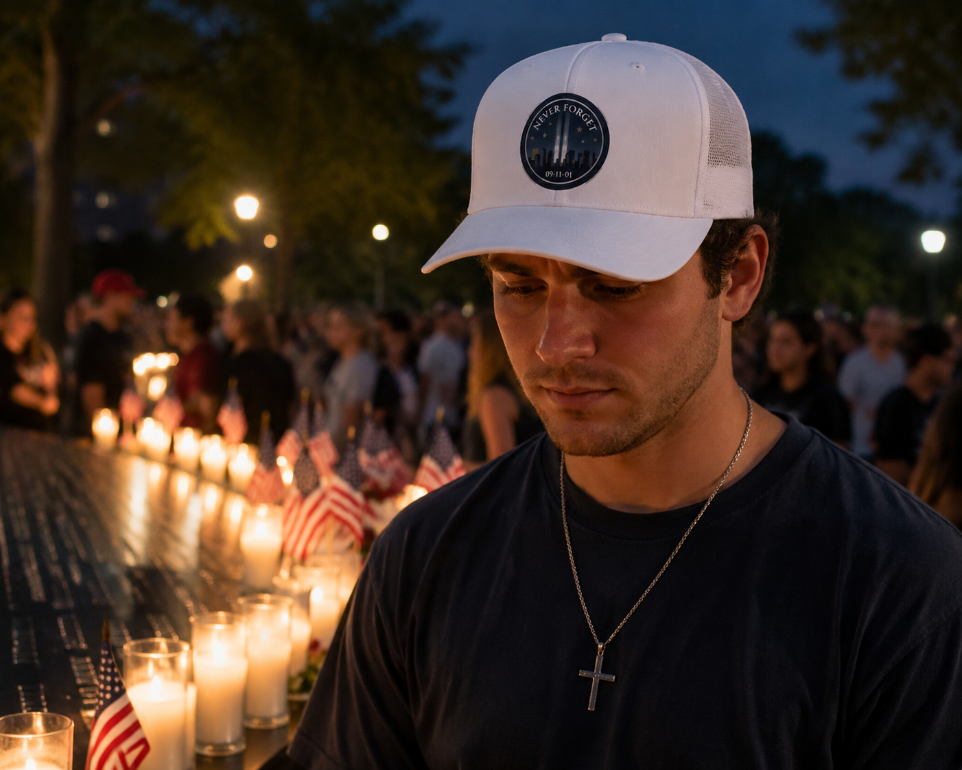 Lifestyle mockup - Never Forget 9/11 Tribute Hat at candlelight vigil
