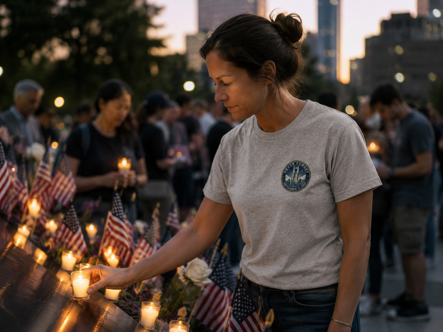 Lifestyle mockup - Never Forget NYC 9/11 Tee at candlelight vigil