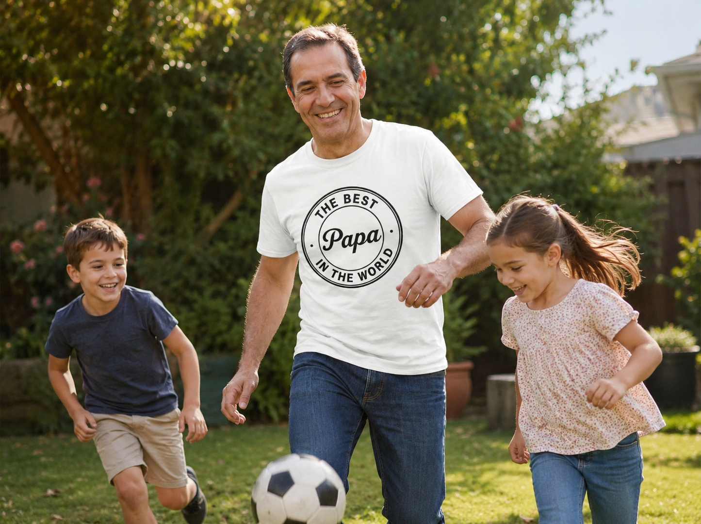 Dad wearing World's Best Papa Emblem T-Shirt playing with grandkids in backyard garden lifestyle image