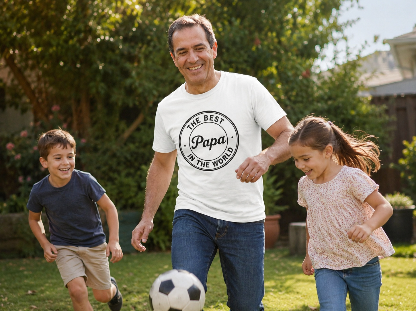 Dad wearing World's Best Papa Emblem T-Shirt playing with grandkids in backyard garden lifestyle image
