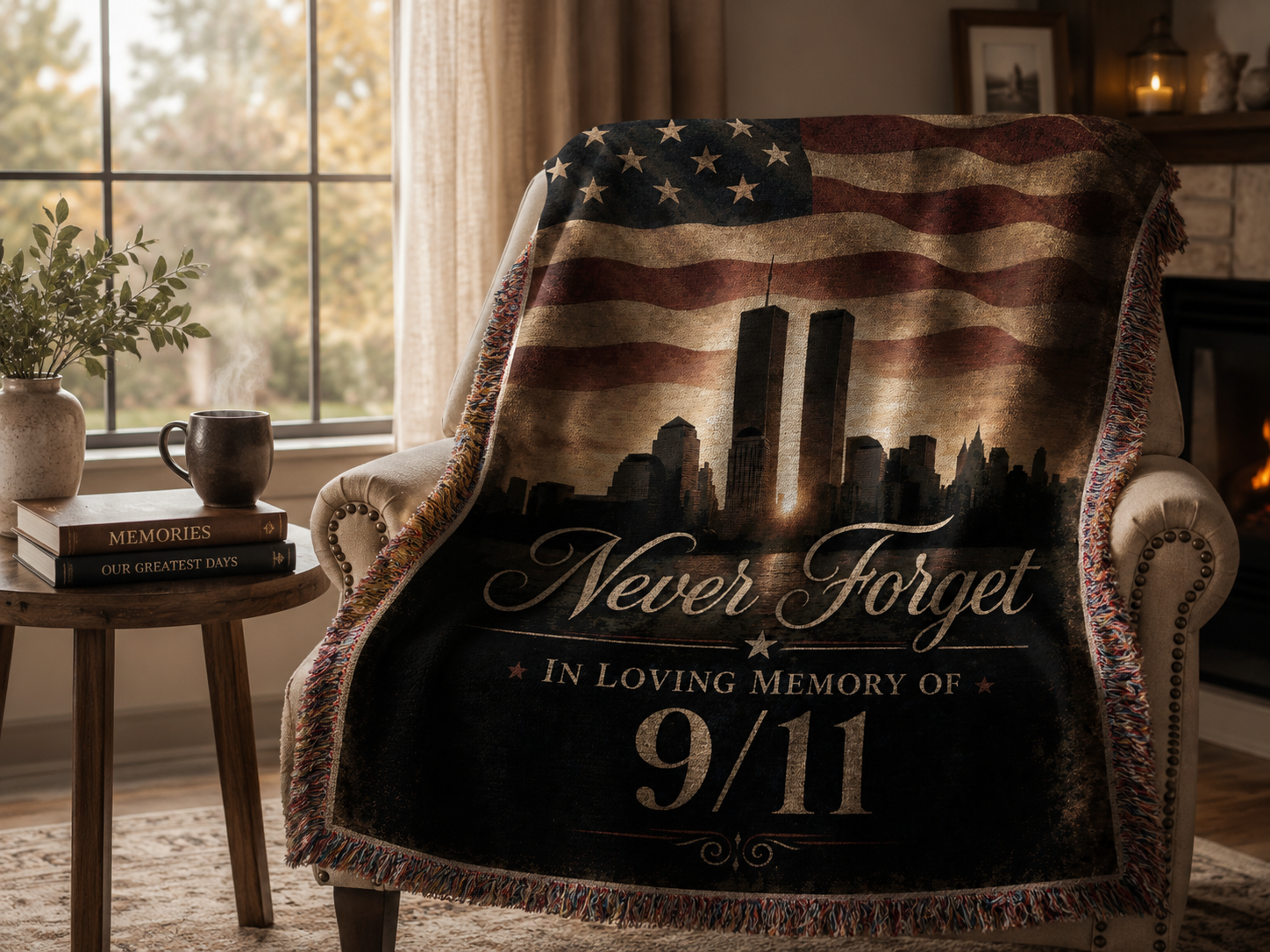 In Loving Memory of 9/11 memorial blanket draped over a cozy armchair