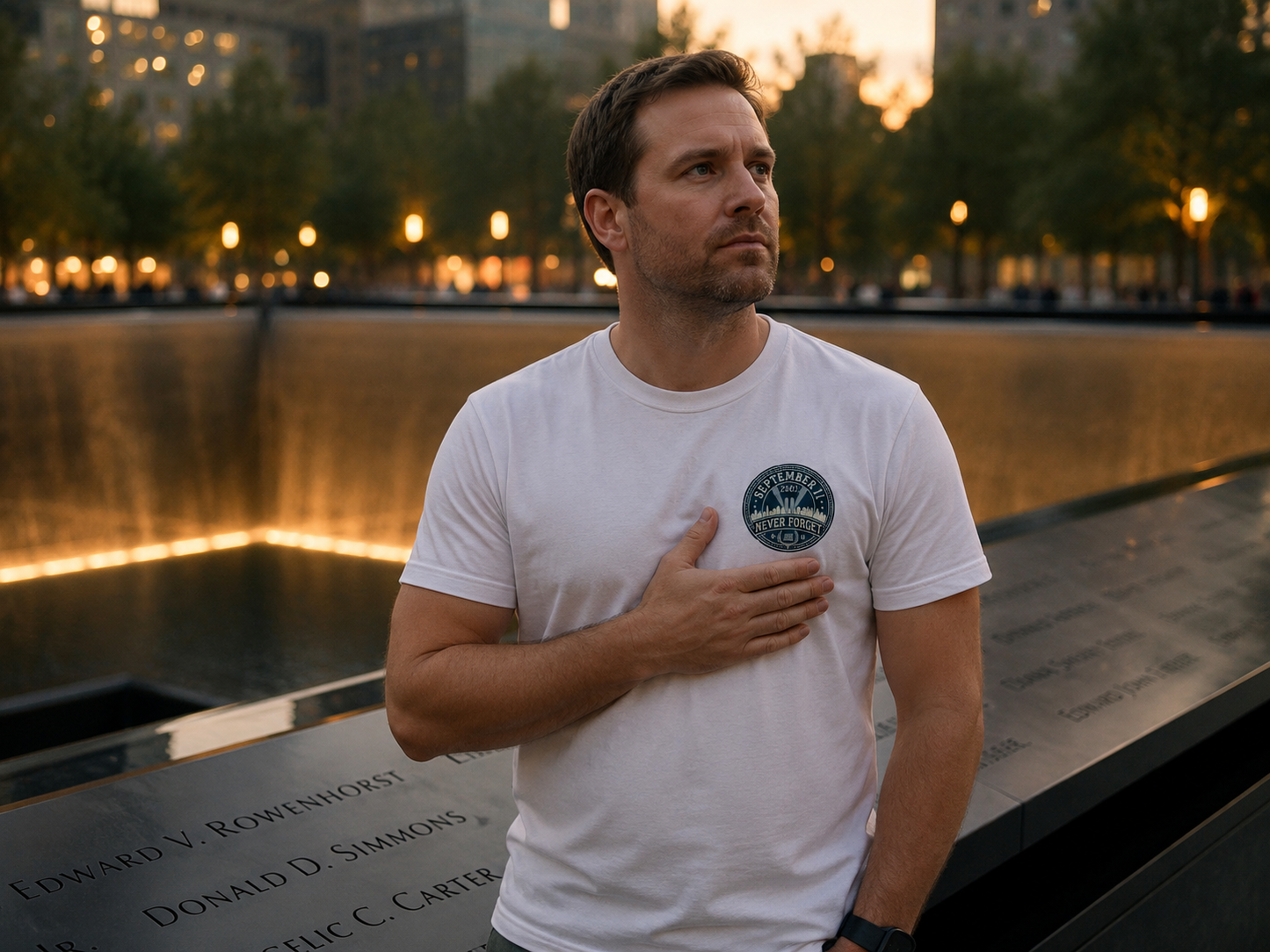 Lifestyle mockup - Never Forget 9/11 Skyline Tee A at reflecting pool