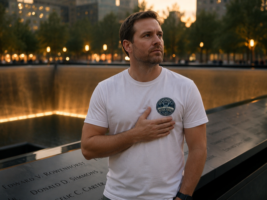 Lifestyle mockup - Never Forget 9/11 Skyline Tee A at reflecting pool