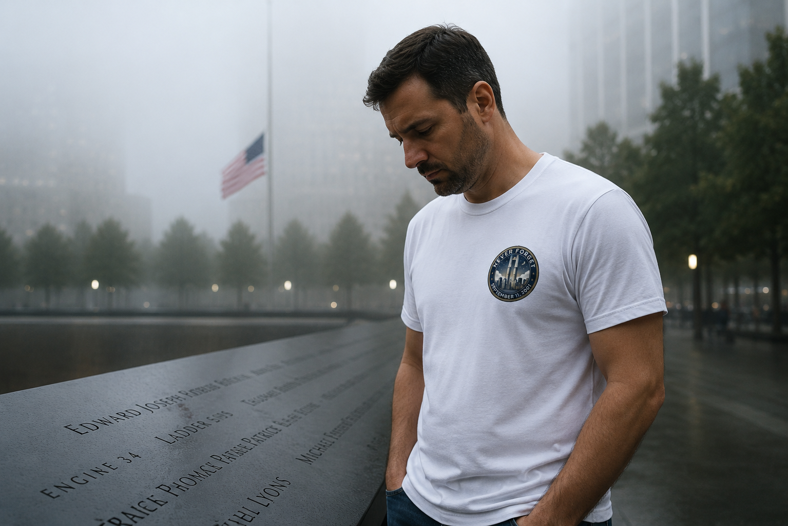 Lifestyle mockup - Never Forget NYC 9/11 Tee at memorial wall