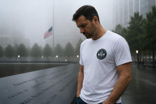 Lifestyle mockup - Never Forget NYC 9/11 Tee at memorial wall