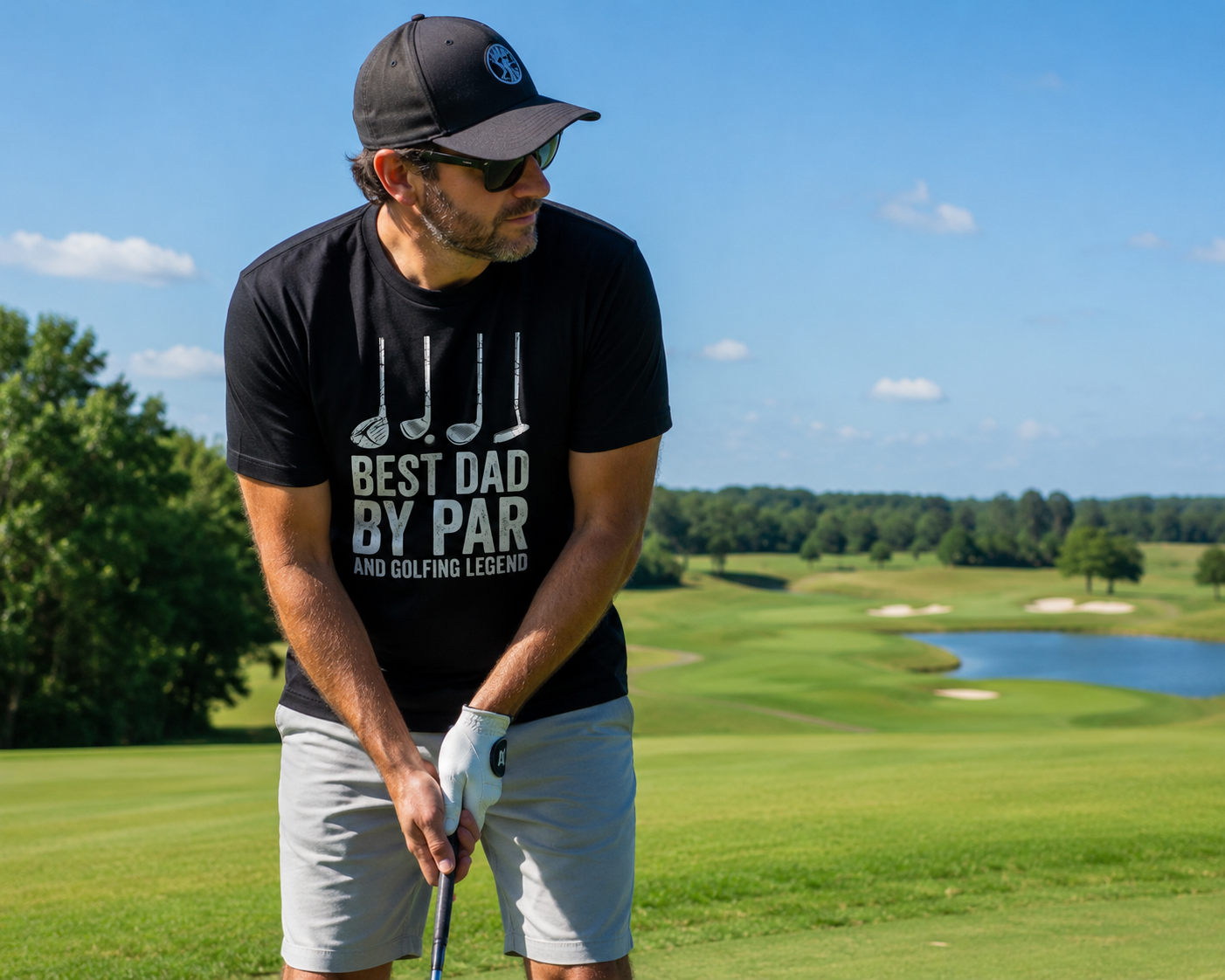 Dad wearing Best Dad By Par Golfing Legend T-Shirt on green golf course lining up shot lifestyle image