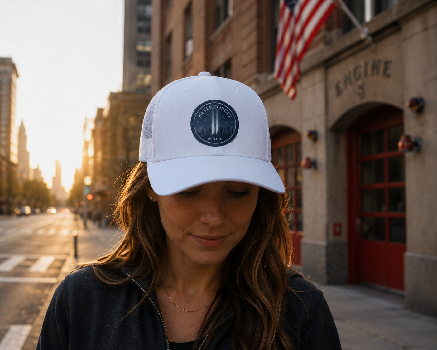 Lifestyle mockup - Never Forget 9/11 Tribute Hat near fire station