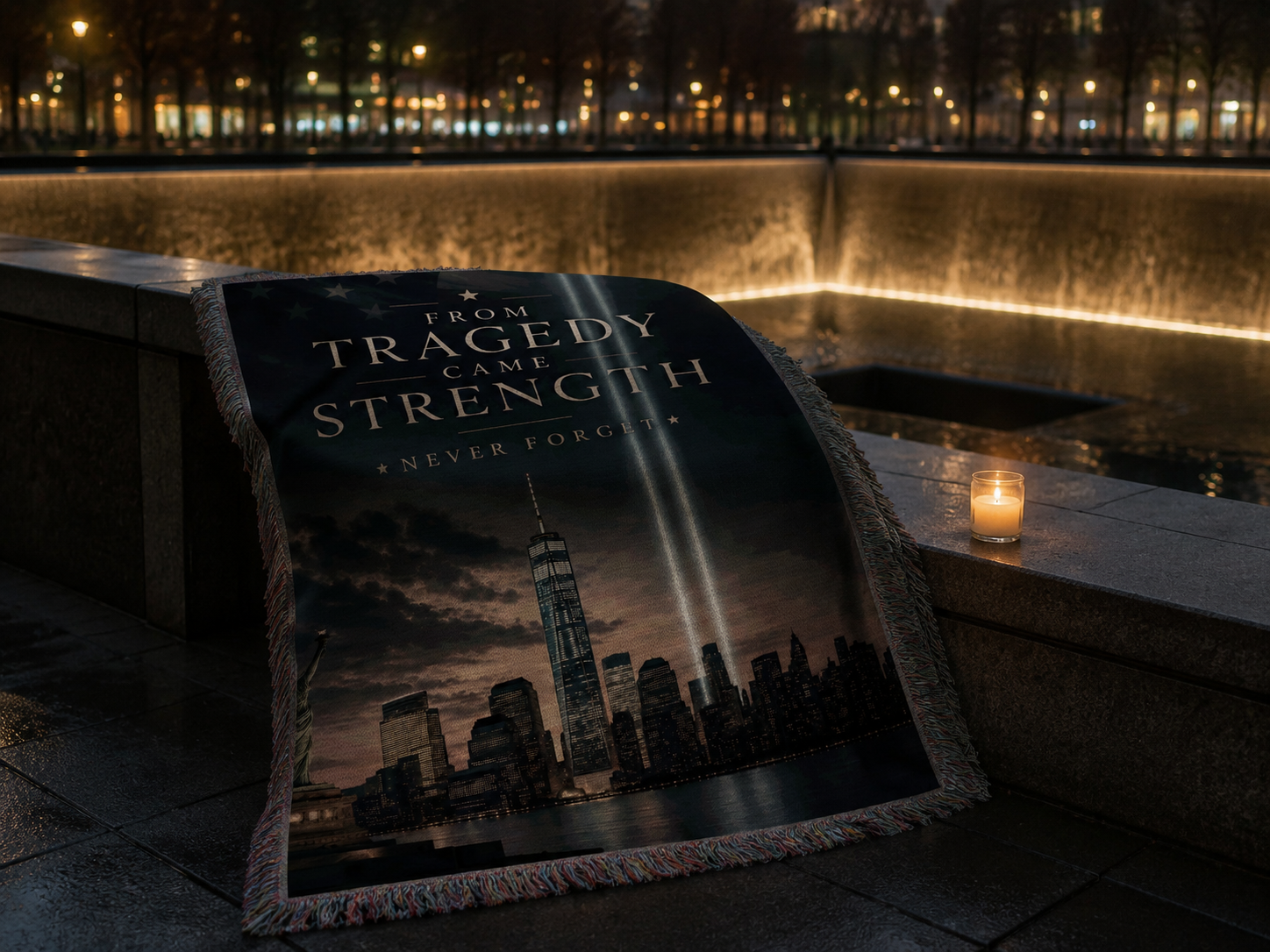 From Tragedy Came Strength 9/11 memorial blanket at the 9/11 memorial reflecting pool