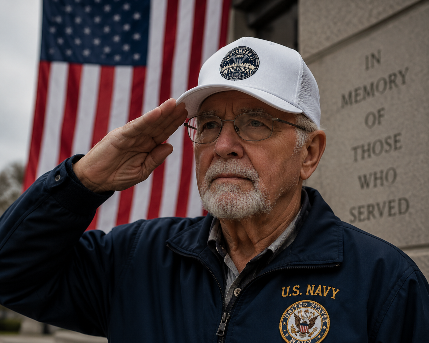 Lifestyle mockup - Never Forget 9-11 Remembrance Hat saluting at flag