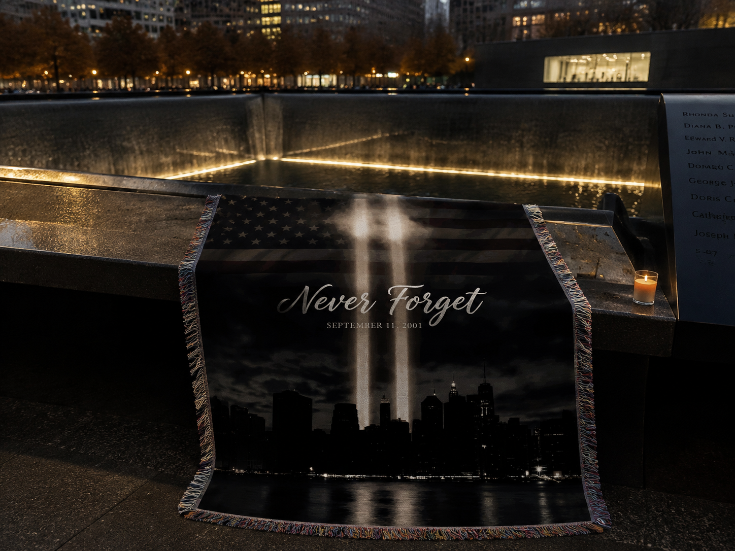 Never Forget 9/11 tribute in light memorial blanket at the 9/11 memorial reflecting pool