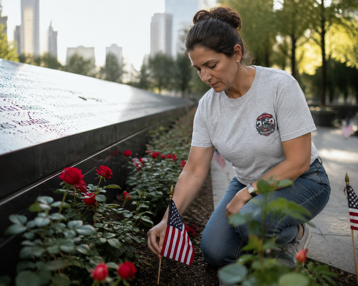 Lifestyle mockup - Honor The Fallen 343 Tee at memorial garden