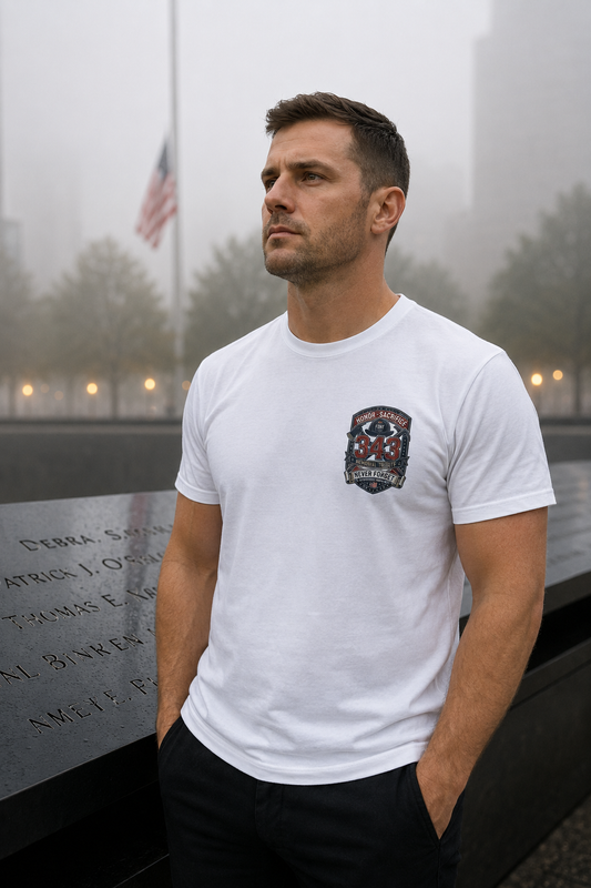 Lifestyle mockup - Honor and Sacrifice 343 Tee at memorial wall