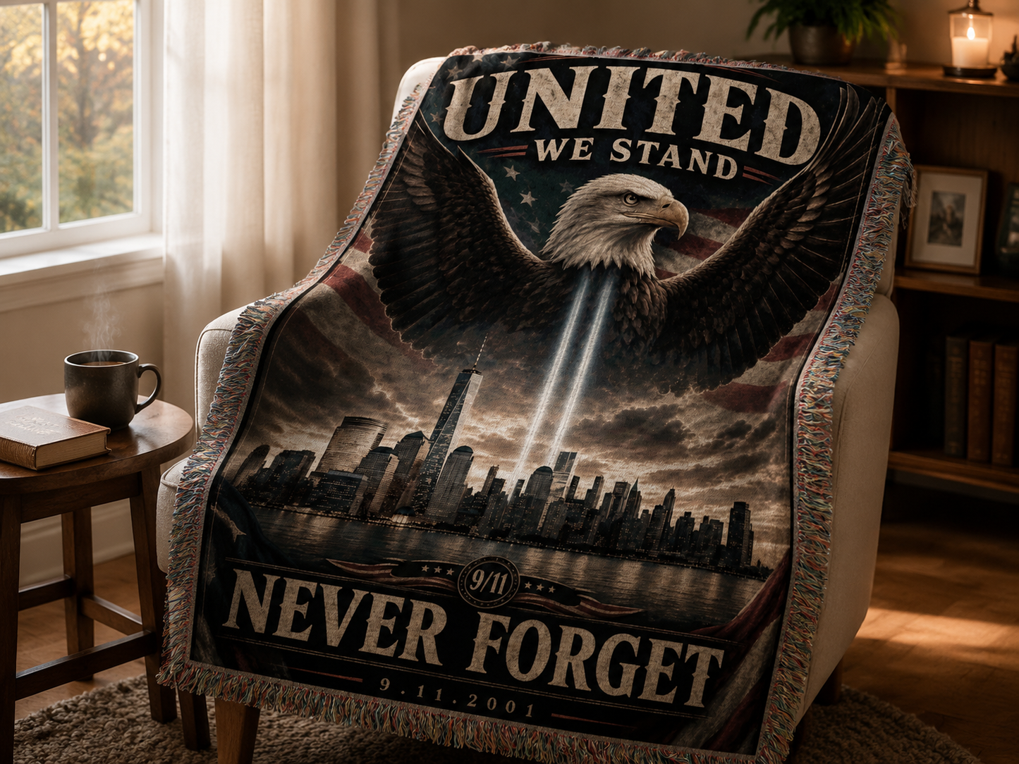 United We Stand 9/11 memorial blanket draped over a cozy armchair