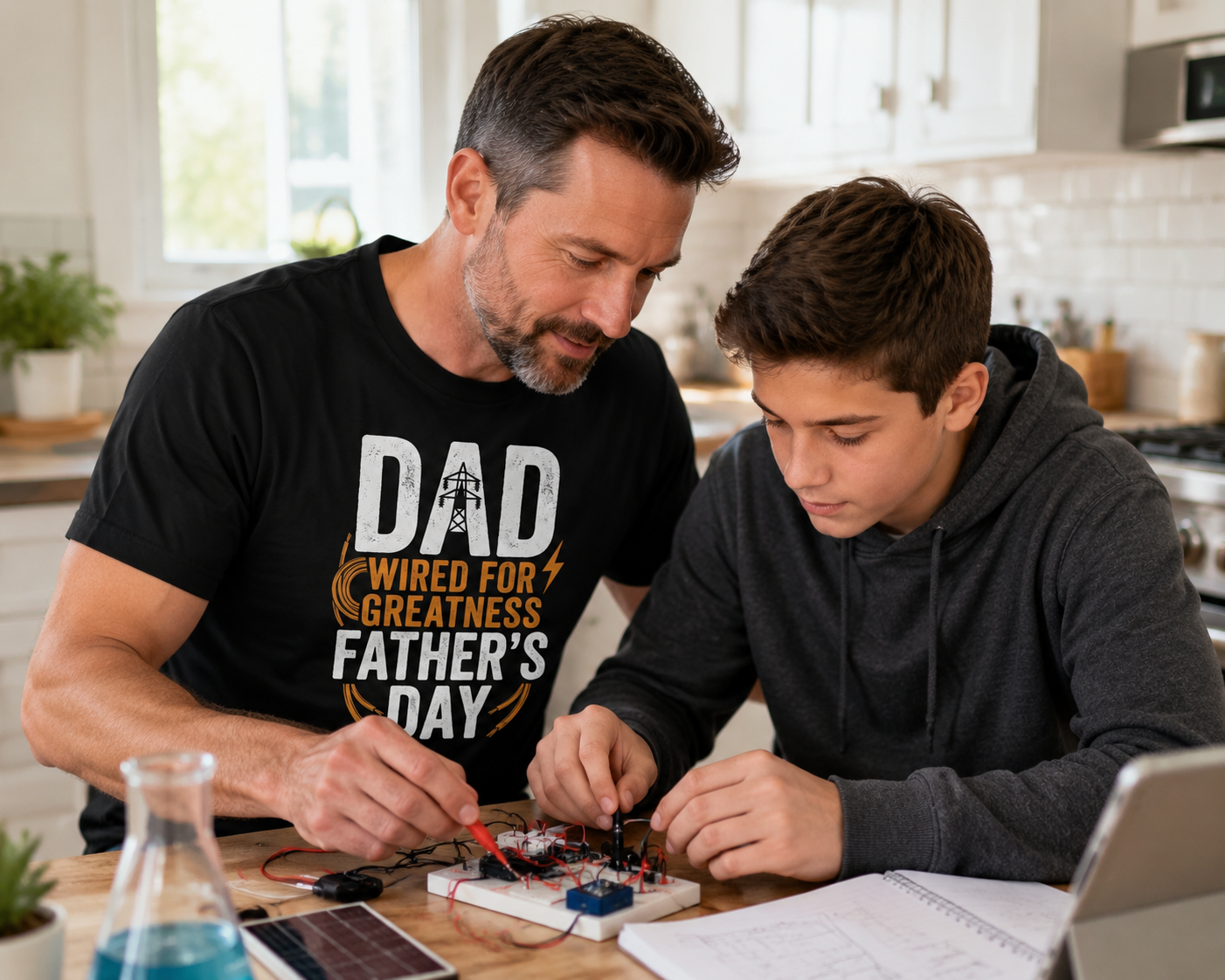 Dad wearing Wired For Greatness Dad T-Shirt helping teenager with science project lifestyle image