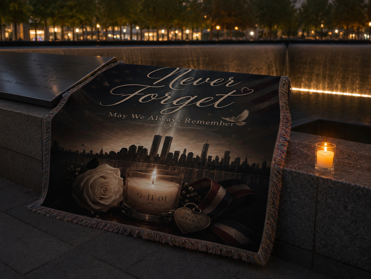 Never Forget 9/11 memorial blanket with dove and rose at the 9/11 memorial reflecting pool