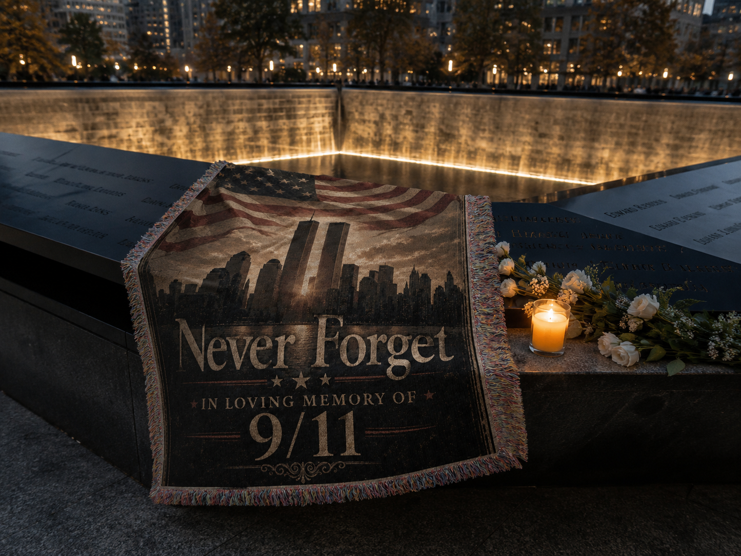9/11 Twin Towers memorial blanket at the 9/11 memorial reflecting pool