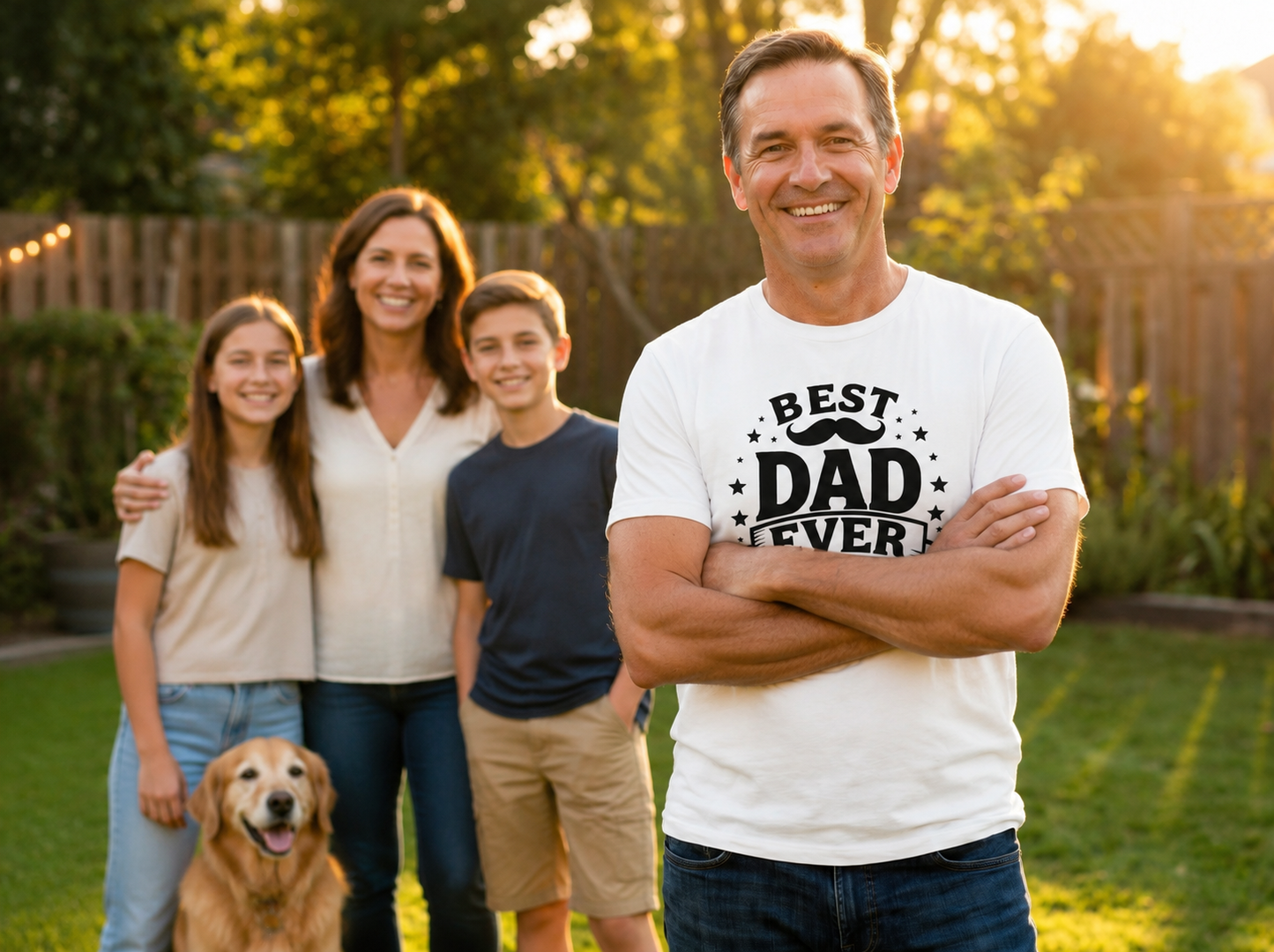 Dad wearing Best Dad Ever Heritage Graphic T-Shirt standing proud with family lifestyle image