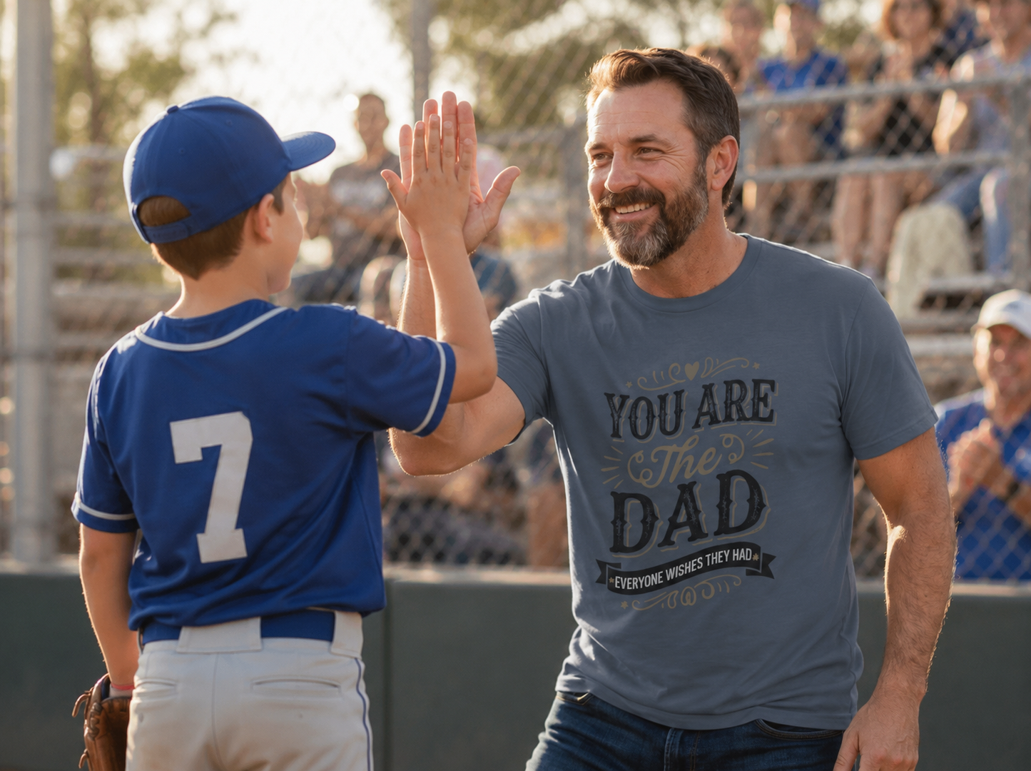 Dad wearing The Dad Everyone Wishes For Classic Bold T-Shirt high fiving son at little league game lifestyle image