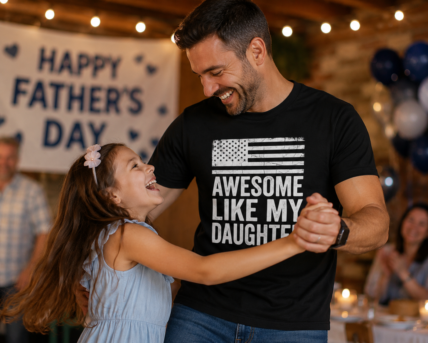 Dad wearing Heartfelt Daughter Pride Graphic T-Shirt dancing with daughter at family celebration lifestyle image