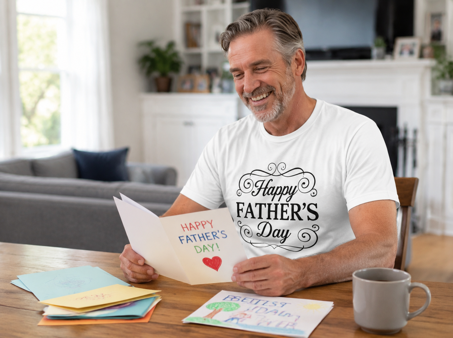 Dad wearing Happy Father's Day Script T-Shirt opening cards from kids lifestyle image