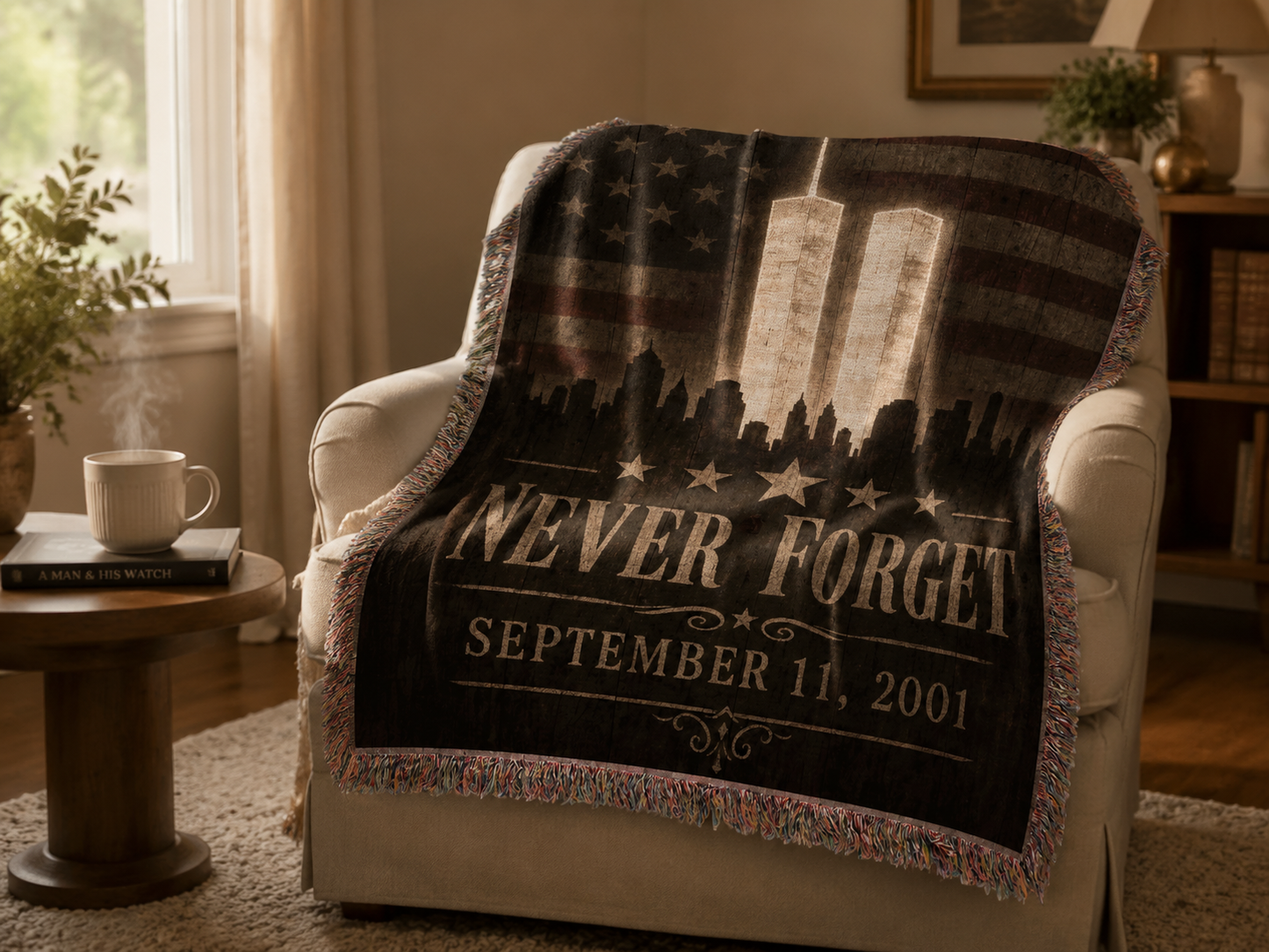 Never Forget 9/11 WTC tribute memorial blanket draped over a cozy armchair