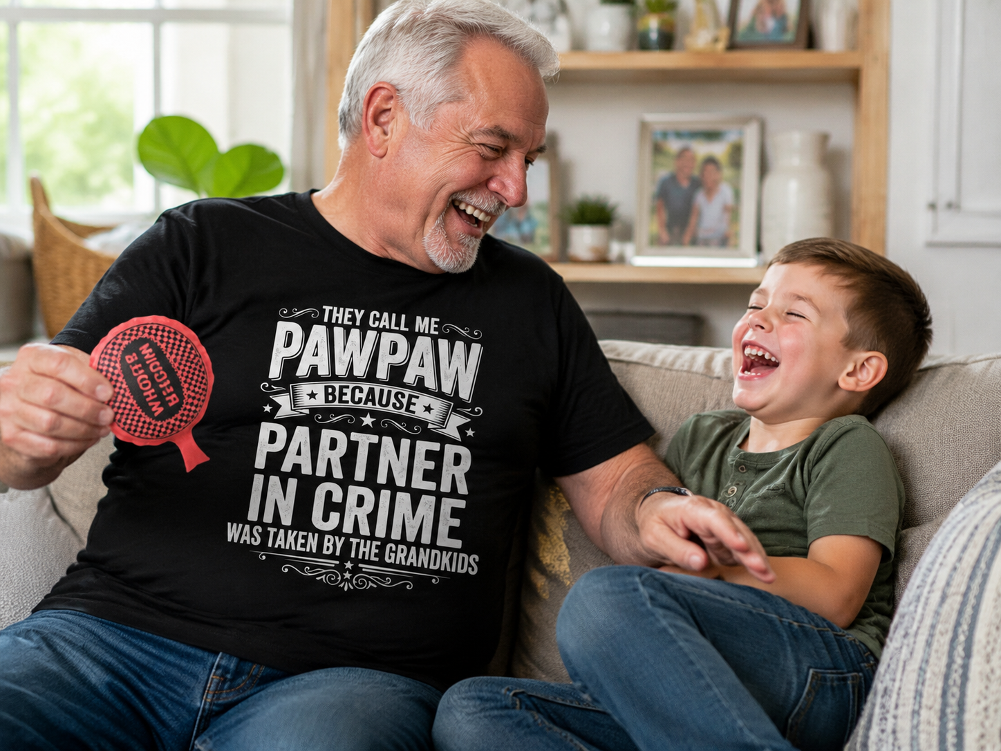 Grandpa wearing Pawpaw's Partner In Crime Premium Tee playing with grandkid in living room lifestyle image