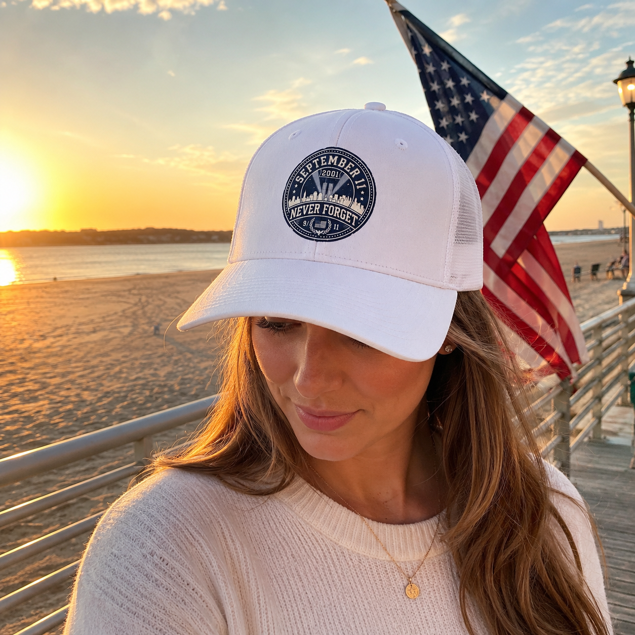 Lifestyle mockup - Never Forget 9-11 Remembrance Hat at sunset boardwalk