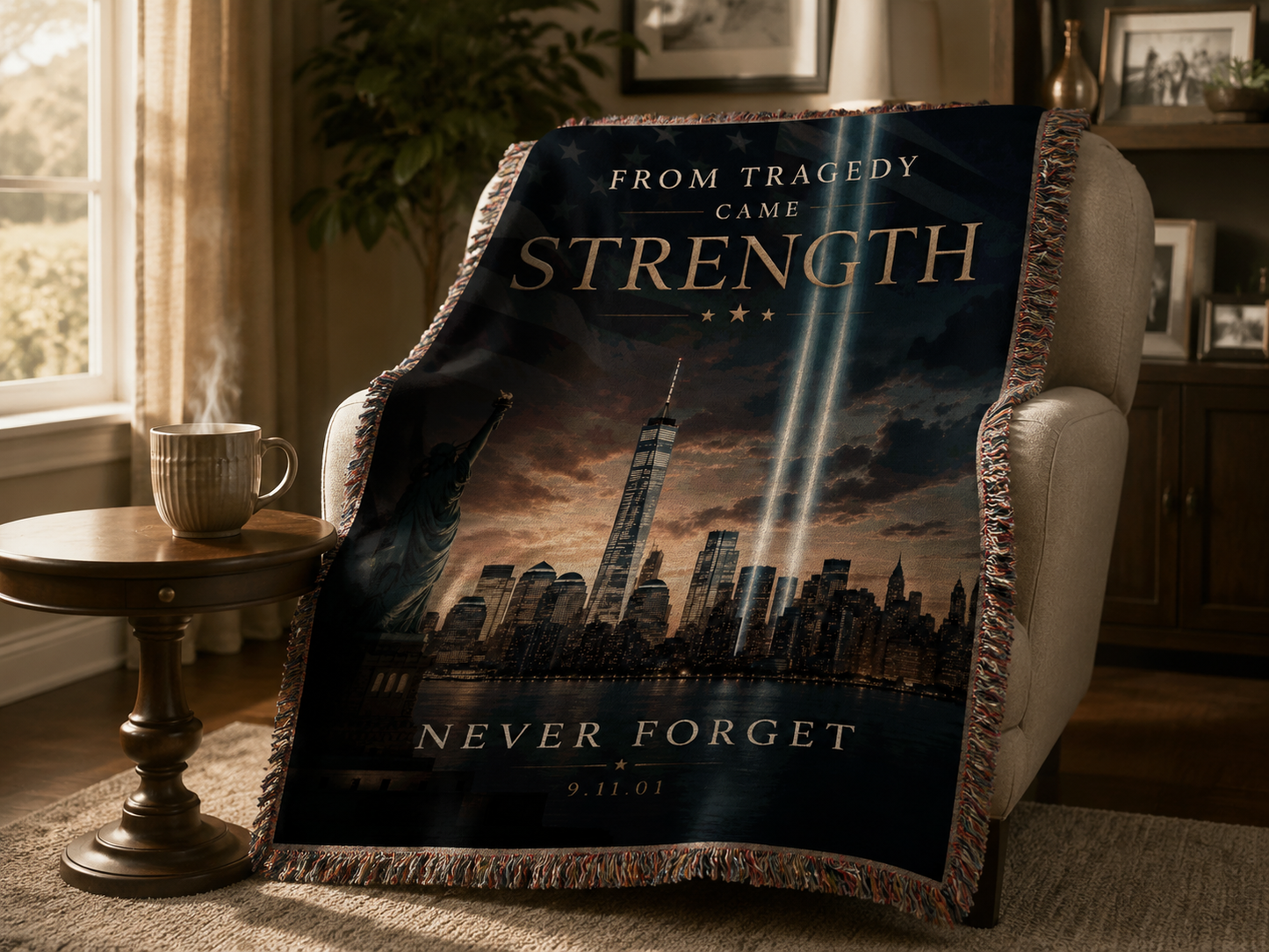 From Tragedy Came Strength 9/11 memorial blanket draped over a cozy armchair