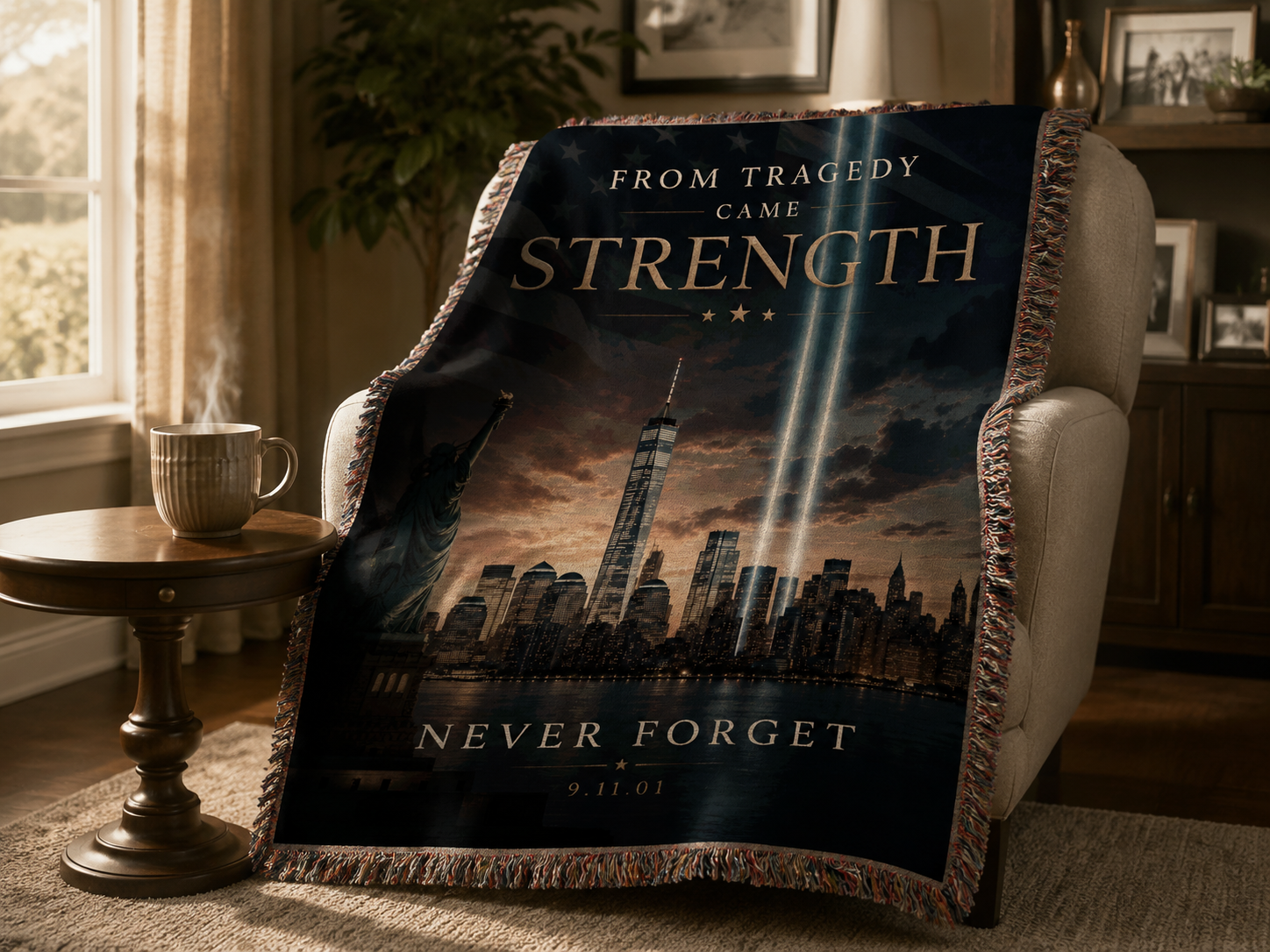 From Tragedy Came Strength 9/11 memorial blanket draped over a cozy armchair
